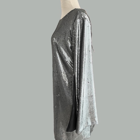 DRESS THE POPULATION SILVER SHINEY SEQUIN PARTY DRESS NEW TAGS Large - Picture 4 of 13